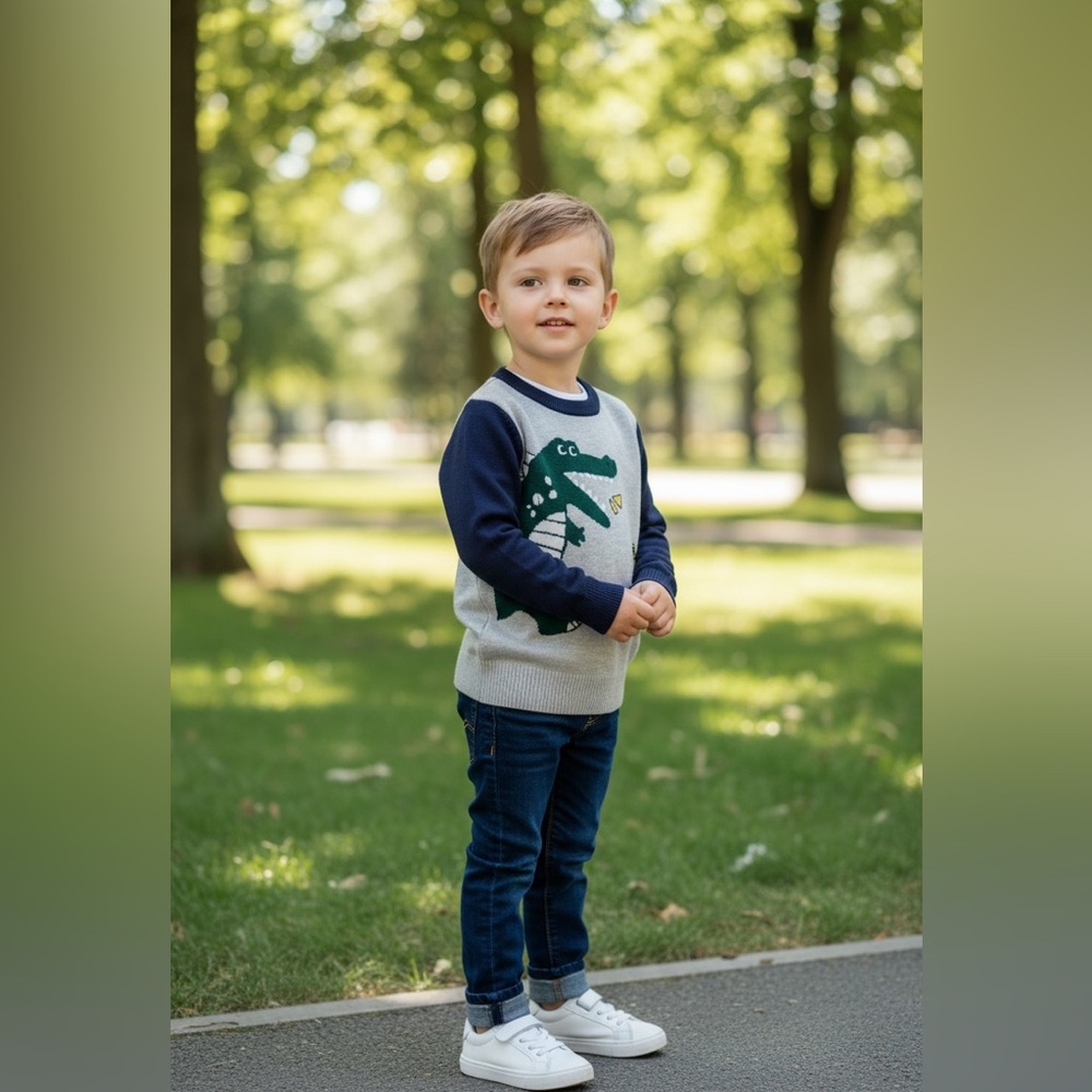 Kids Dinosaur Graphic Sweater - Gray and Navy